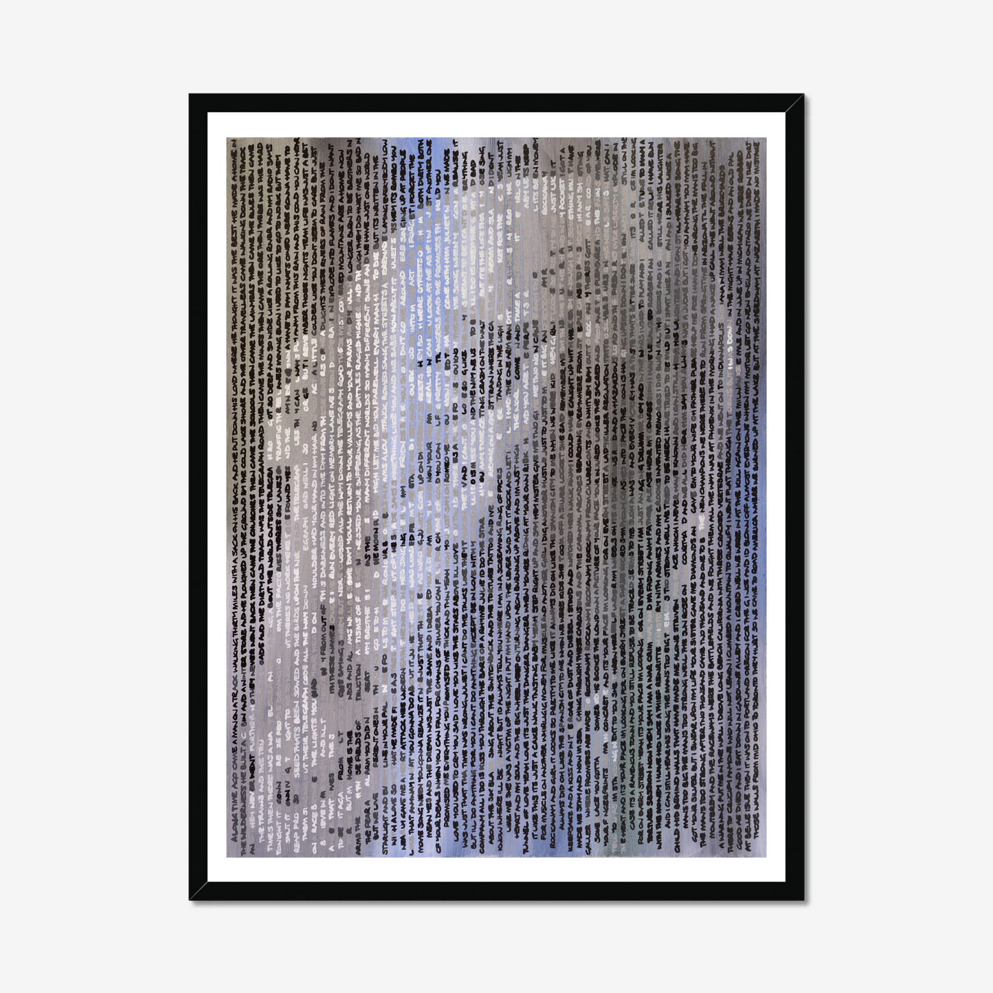 Mark Knopfler handwritten portrait fine art print by Jon Keysell, shown framed (frame not included)